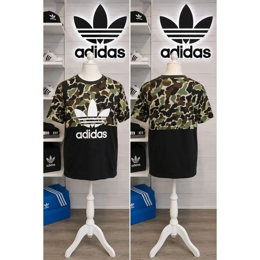 Adidas Originals Camo Trefoil T Shirt Medium Black Green Graphic Tee